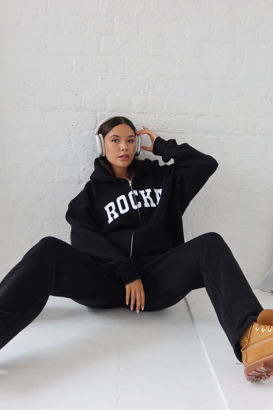 Black Varsity Oversized Zip Hoodie