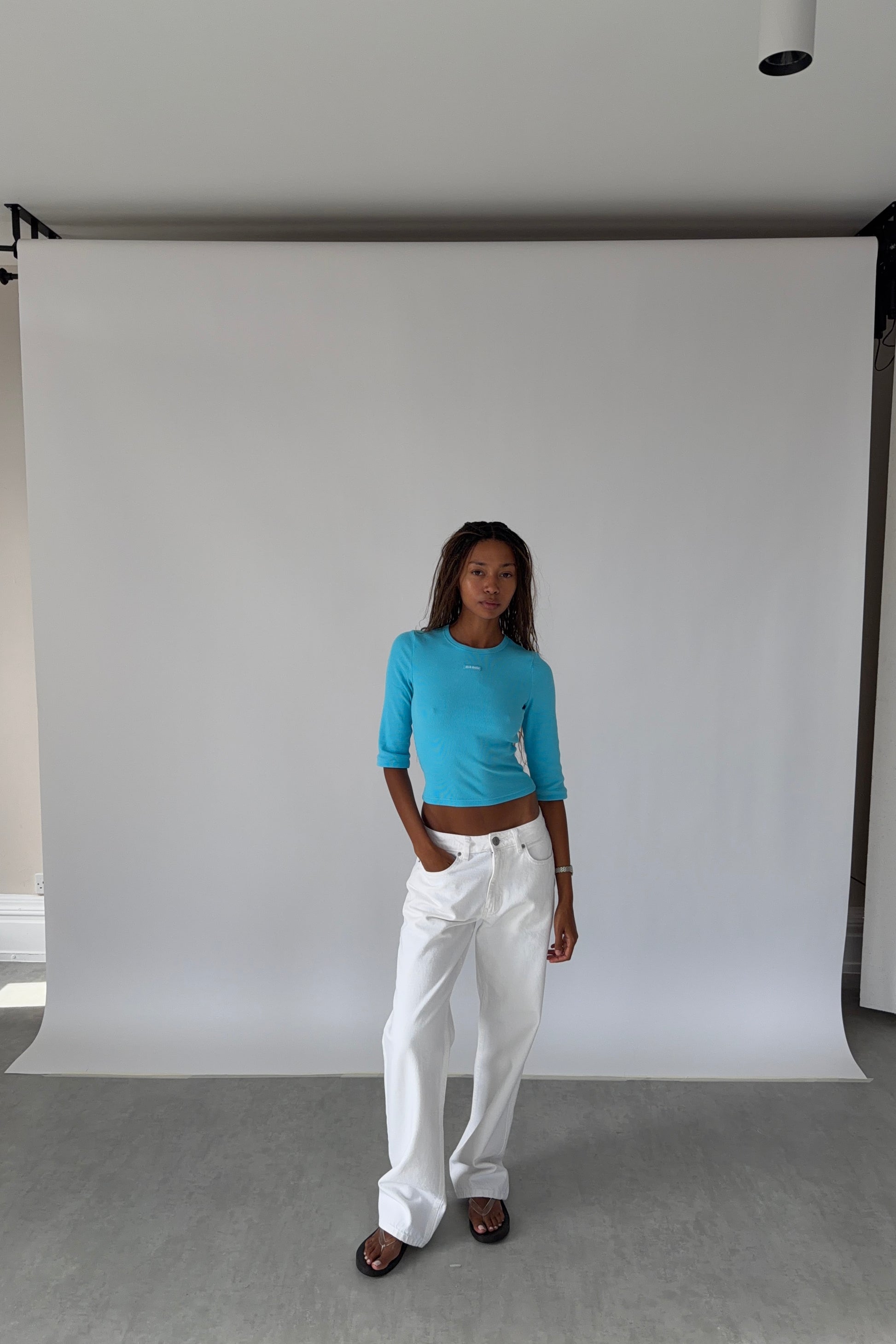 Aqua Crop Sleeve Ribbed Top