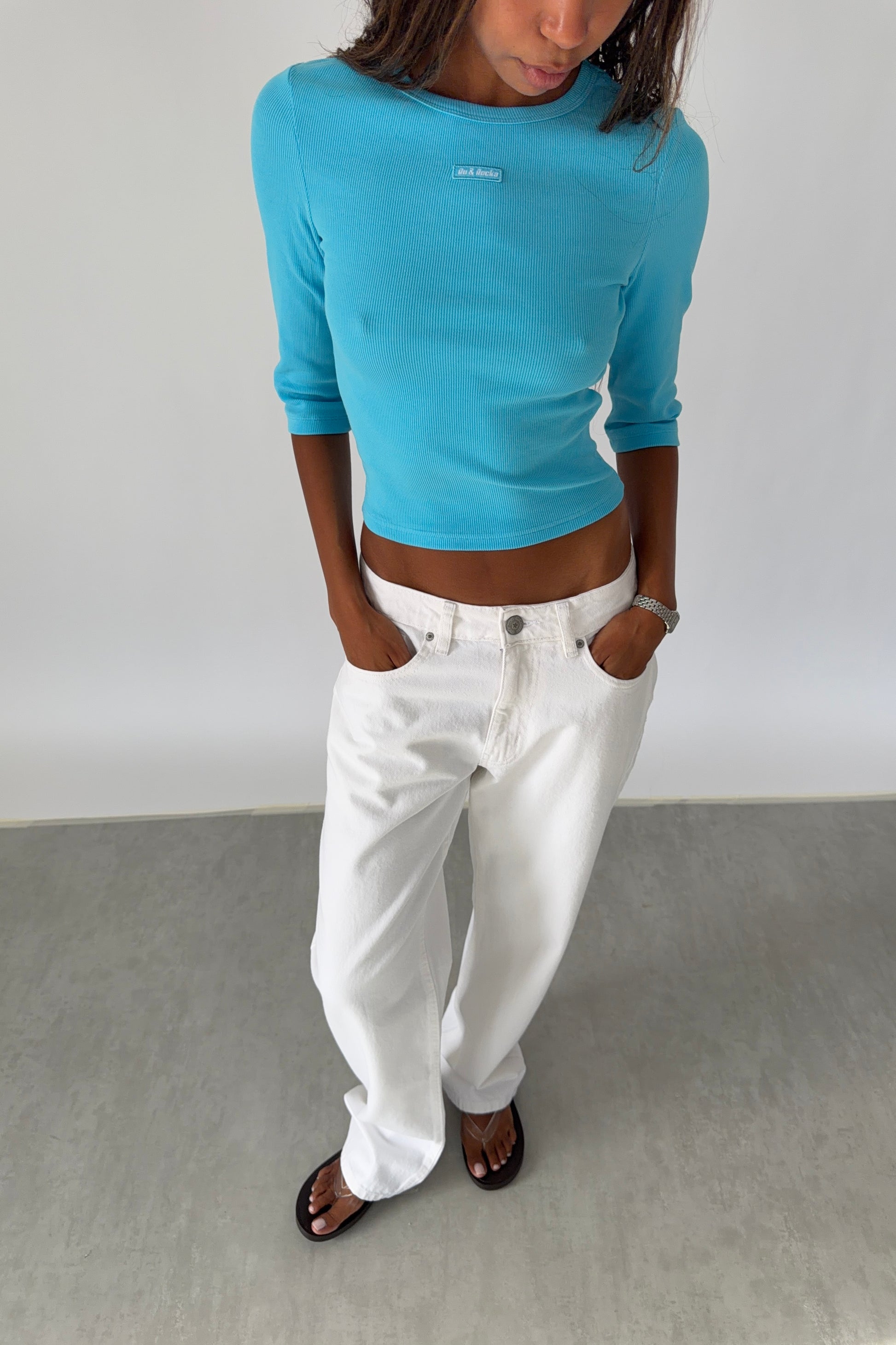 Aqua Crop Sleeve Ribbed Top