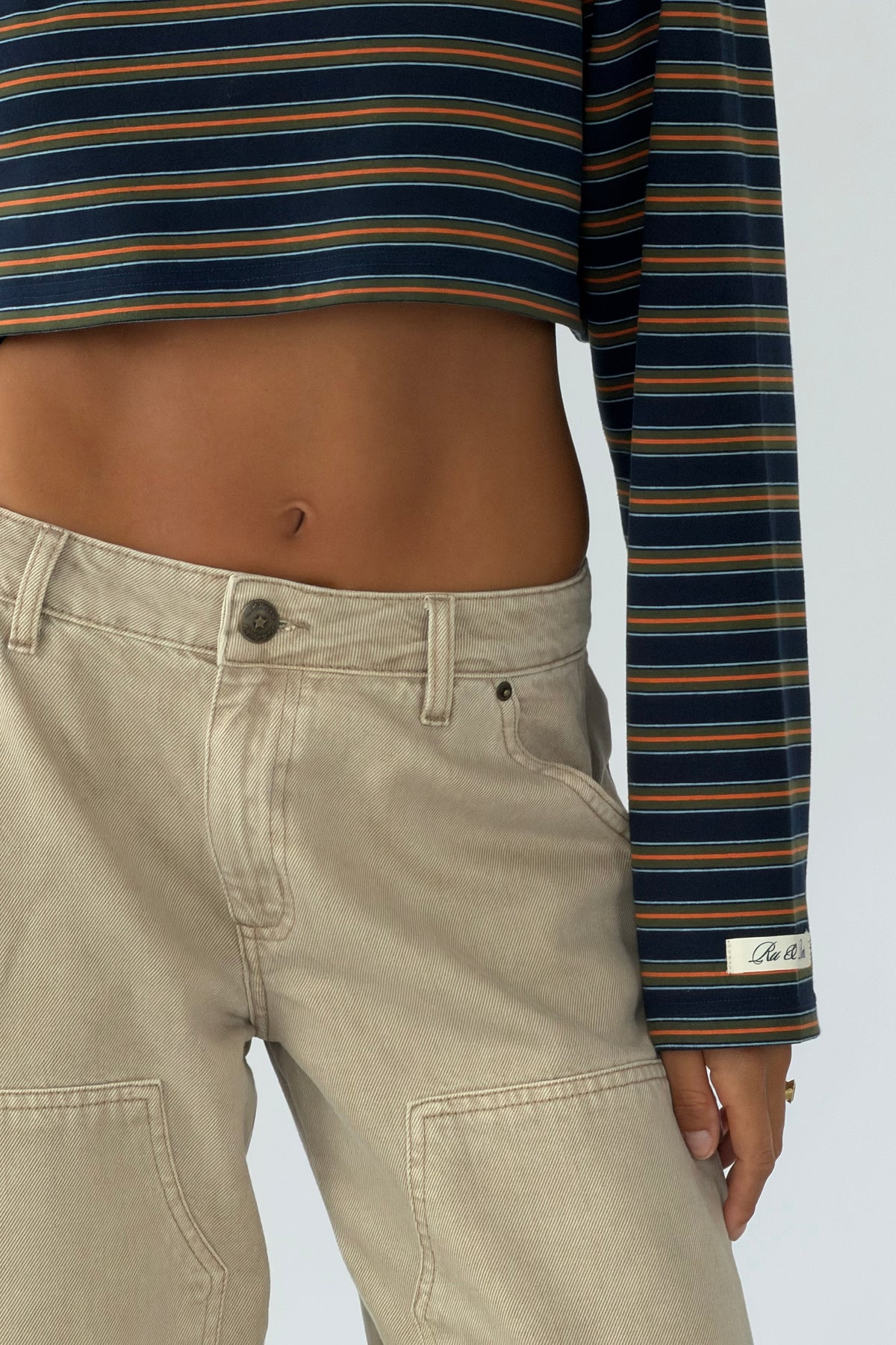 navy orange cropped striped tee