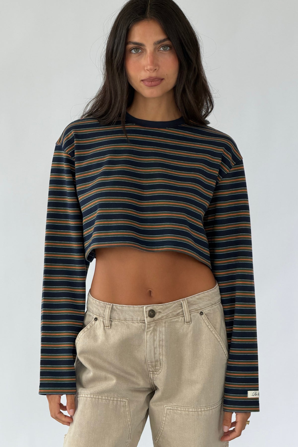 navy orange cropped striped tee