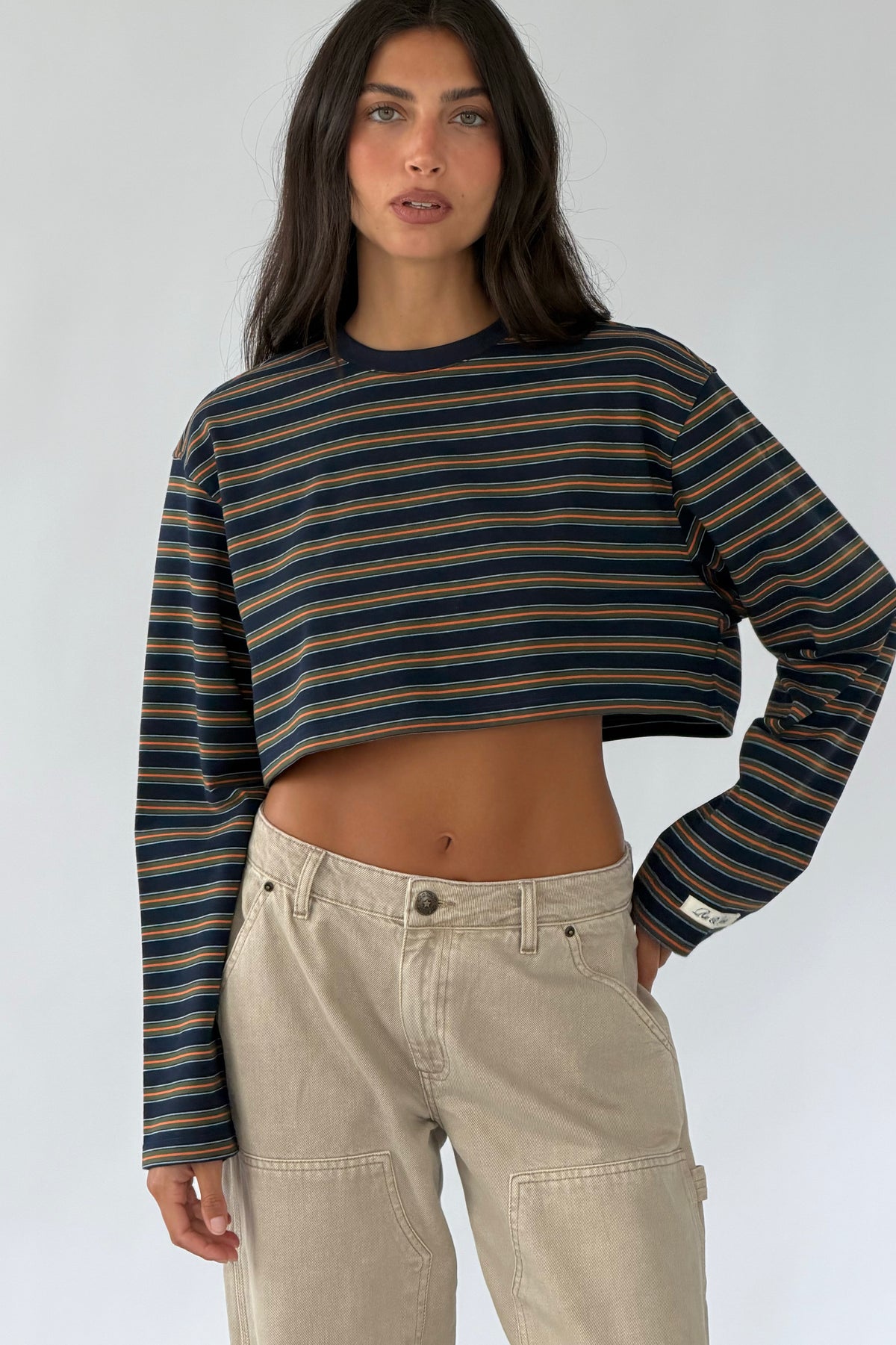 navy orange cropped striped tee