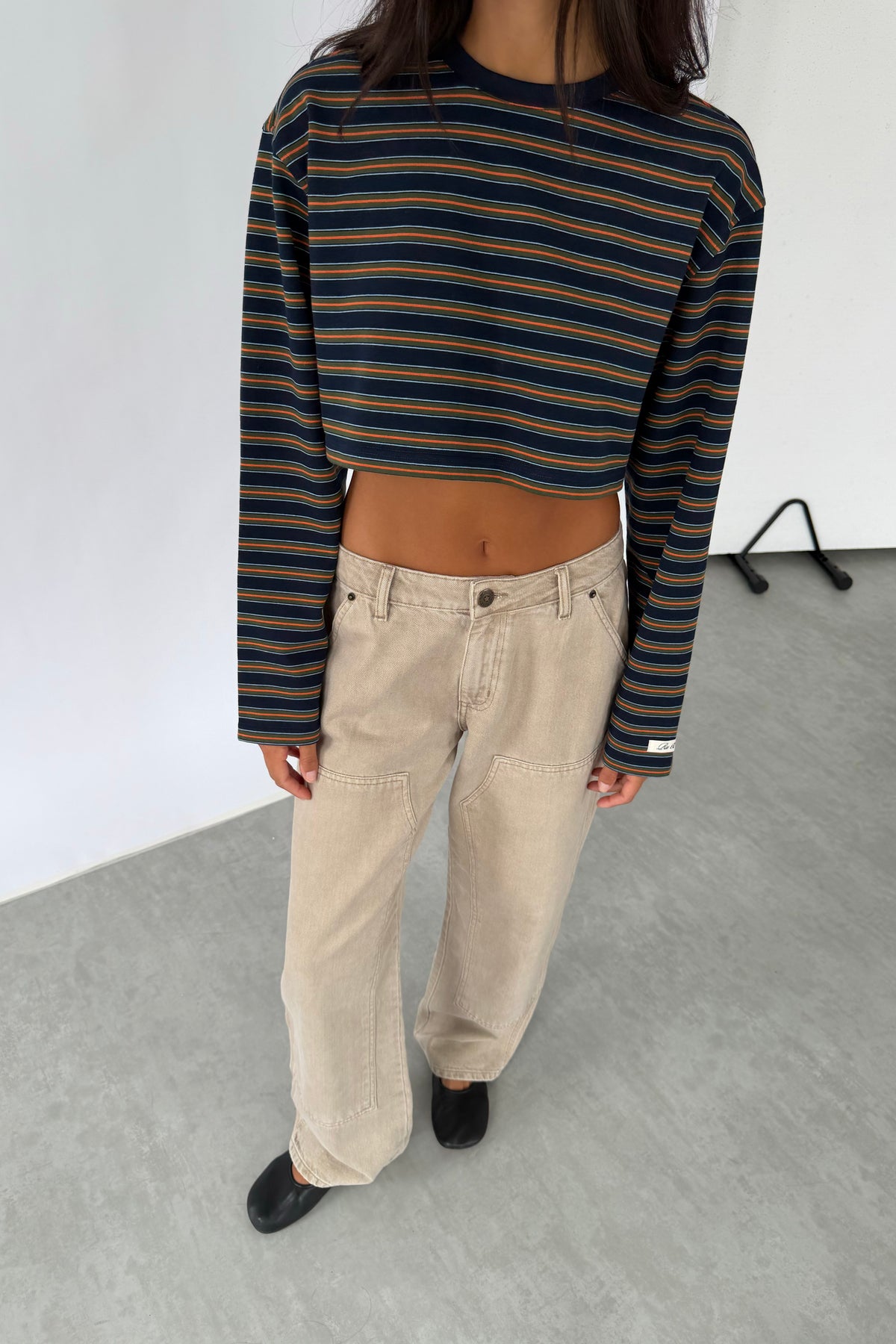 navy orange cropped striped tee
