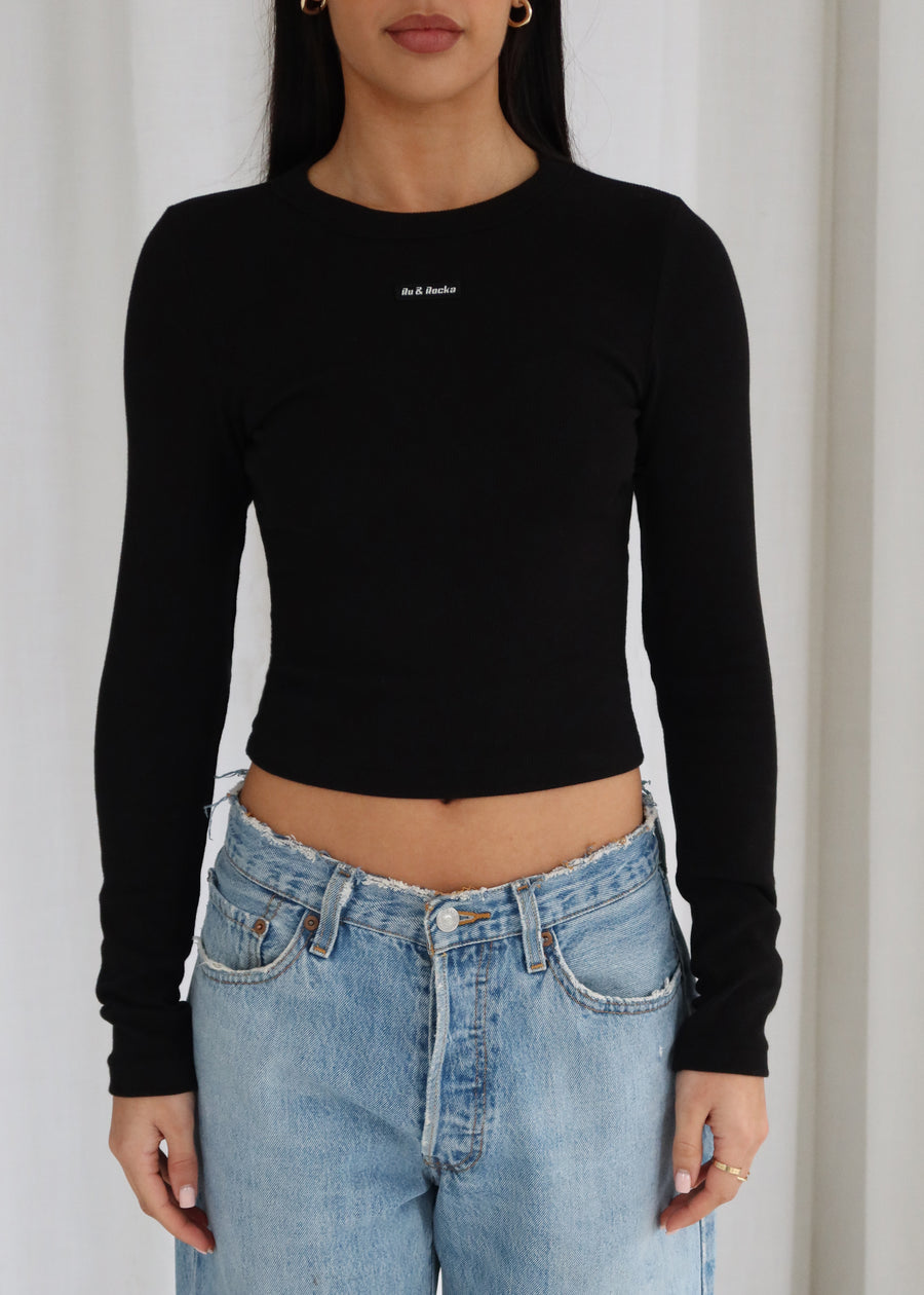 Black Long Sleeve Ribbed Cotton Top