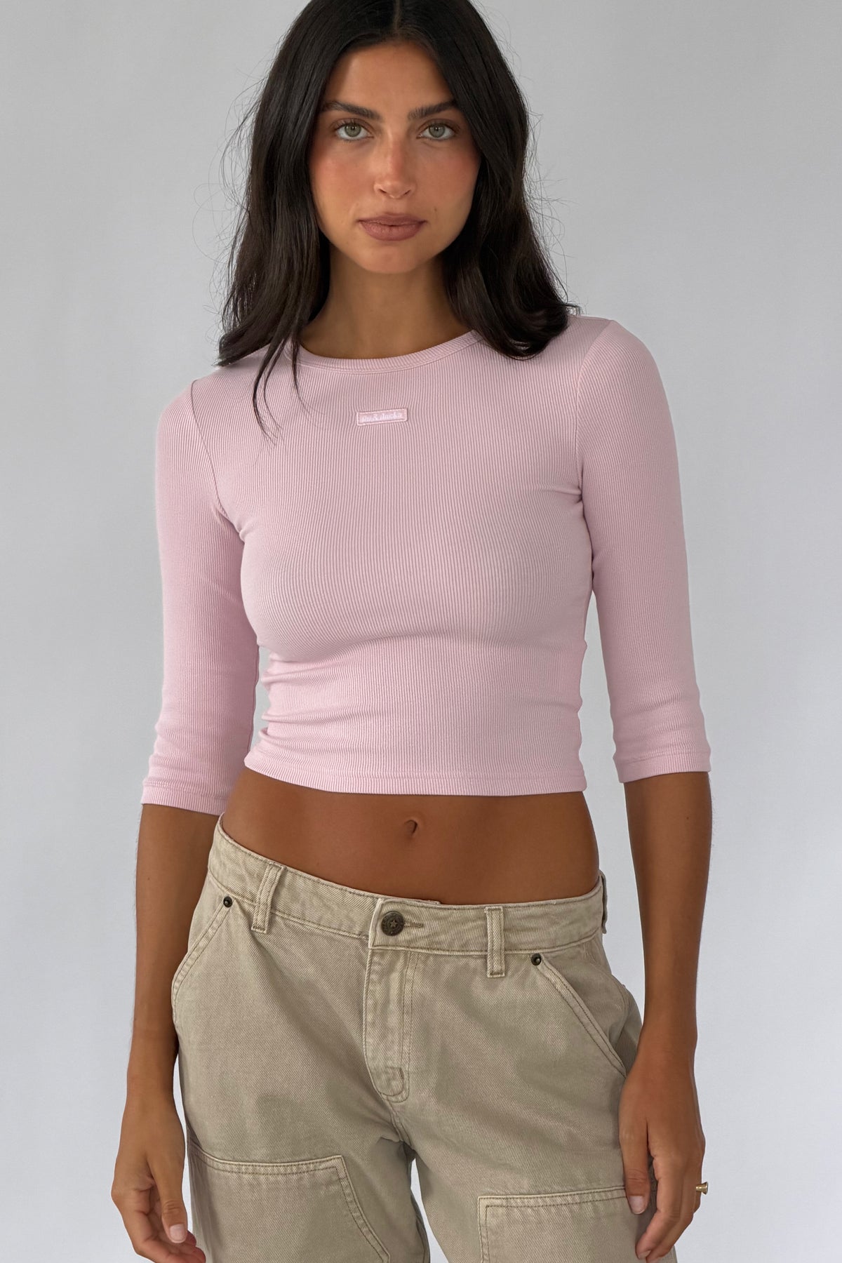 pink crop sleeve ribbed top