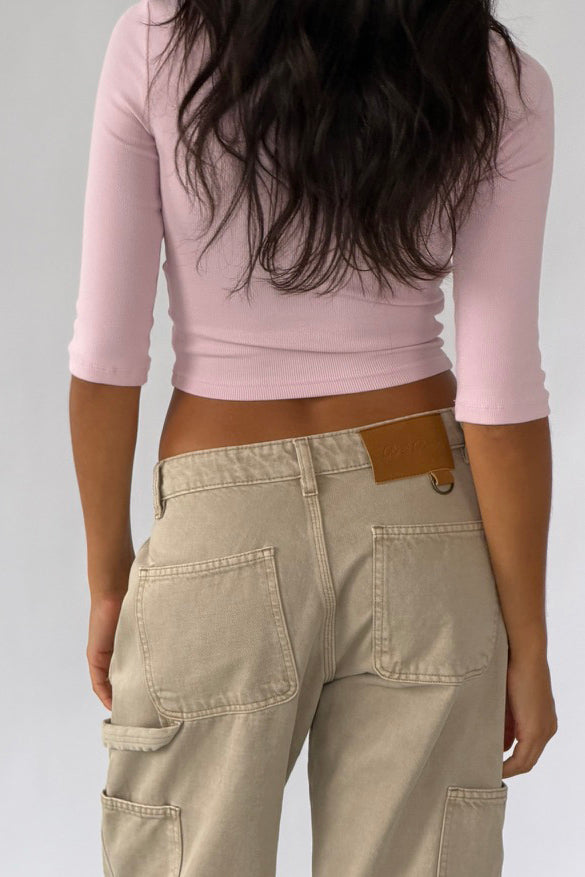 pink crop sleeve ribbed top