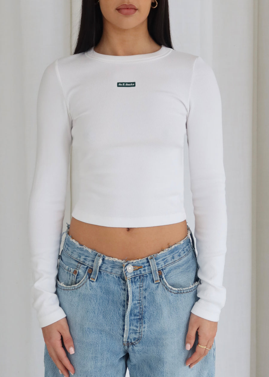 White Long Sleeve Ribbed Cotton Top